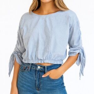 Dizzylissy Blue White Stripe Tie-Sleeve Blouse‎ Size L